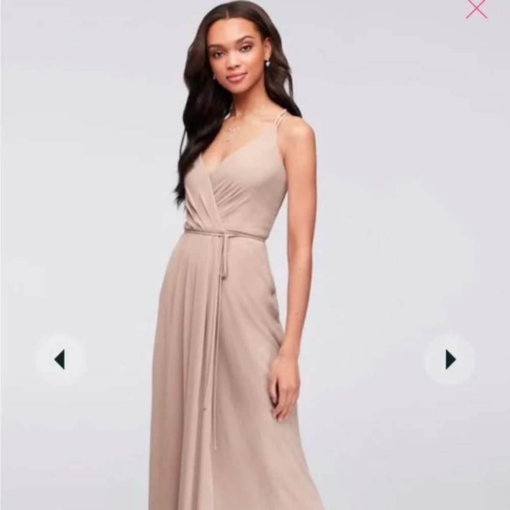 David’s Bridal double-strap georgette bridesmaid wrap dress biscotti
